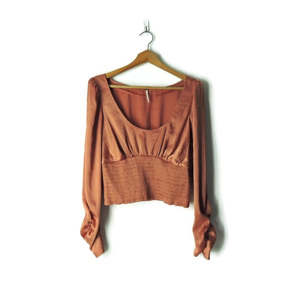 Free People Santiago Blouse long sleeve satin smocked bodice Cinnamon Pink - Picture 2 of 12